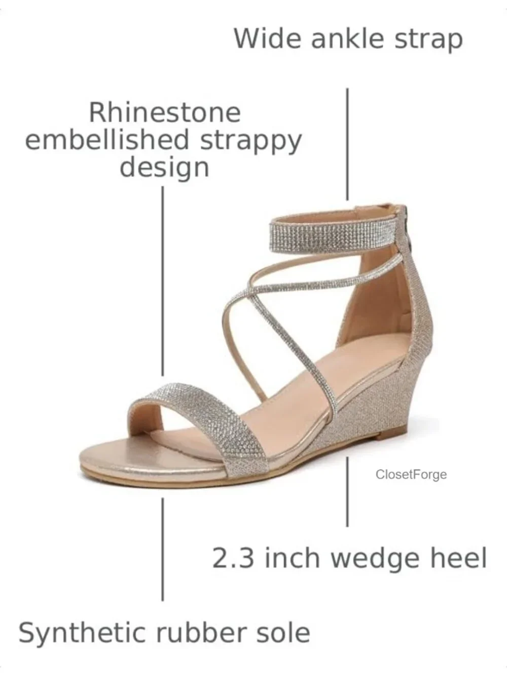 Women Low Wedge Heel Sandals Open Toe Rhinestone Ankle Strap Party